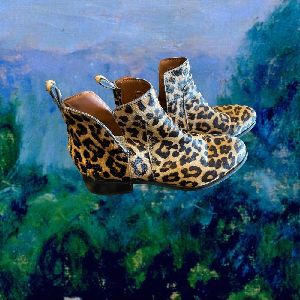 Franco Sarto Leopard Print Cow Hair Fur Booties Womens 8.5 Brown Slip